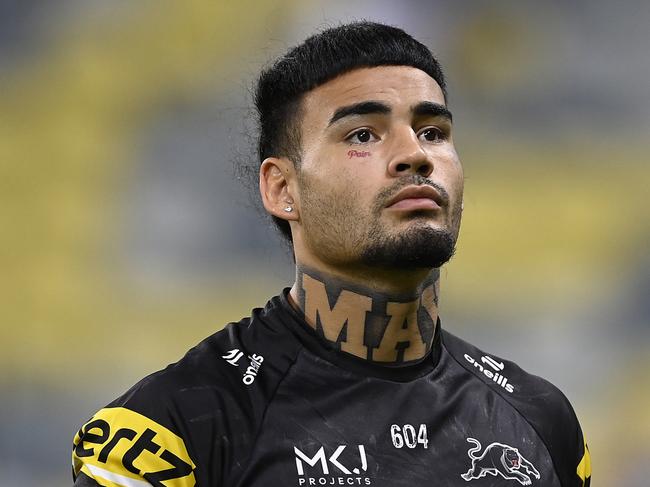 TOWNSVILLE, AUSTRALIA - APRIL 27: Taylan May of the Panthers looks on before the start of the round eight NRL match between North Queensland Cowboys and Penrith Panthers at Qld Country Bank Stadium, on April 27, 2024, in Townsville, Australia. (Photo by Ian Hitchcock/Getty Images)