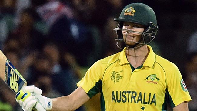 Australia's batsman Steve Smith celebrates as he reaches 50 runs during the 2015 Cricket World Cup quarter-final match between Pakistan and Australia at the Adelaide Oval on March 20, 2015. AFP PHOTO / Saeed KHAN --IMAGE RESTRICTED TO EDITORIAL USE - STRICTLY NO COMMERCIAL USE--