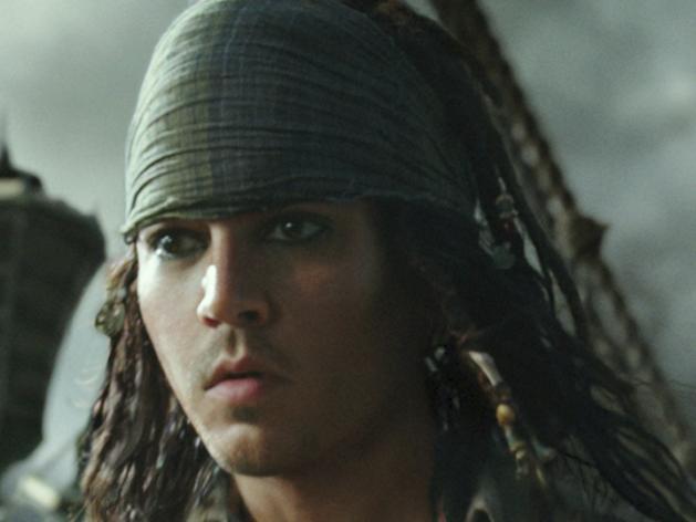 This combination of photos released by Disney, shows the character Jack Sparrow at two stages of his life in "Pirates of the Caribbean: Dead Men Tell No Tales."  Johnny Depp, who portrays the character, is the latest mega-star to get the drastic de-aging treatment on screen. Lola Visual Effects first captured a performance from the actual actor and then manipulated it. It went through a number of iterations, over the course of six months, to arrive at the perfect age. The final shots, of which there are about 20-25, took about 15 artists a year of work. (Disney via AP)