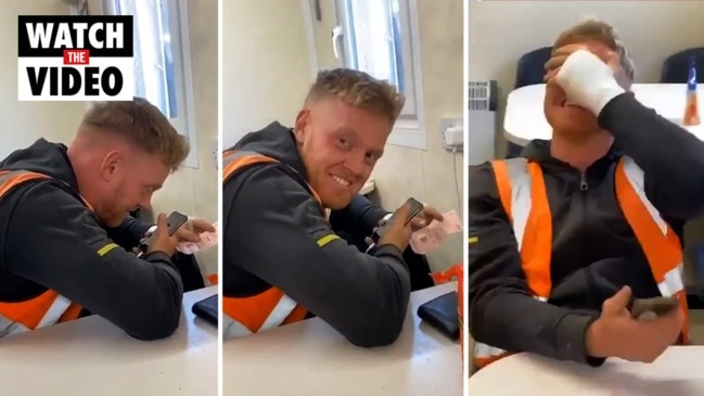 Moment tradie discovers he won the lotto captured on camera