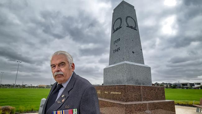 Brian Coward, a Vietnam veteran who fought at the Battle of Coral Balmoral, in front of the Craigieburn War Memorial. Picture: Luis Enrique Ascui