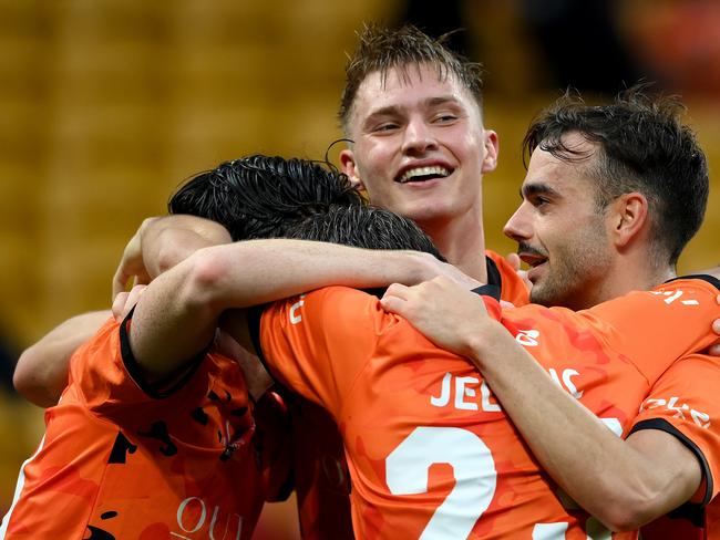Brisbane Roar celebrates a goal during its crushing win over Melbourne City. Picture: Bradley Kanaris/Getty Images