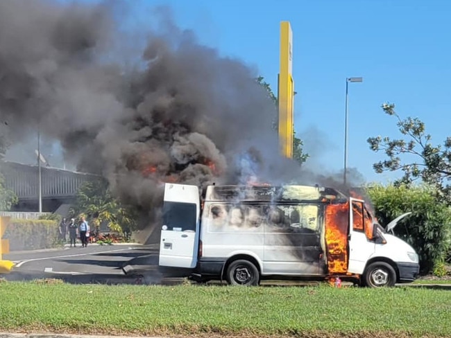 A van on fire in Nicklin Way, Wurtulla, this morning, August 30. Picture: Contributed