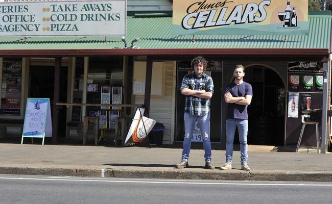 Jared Nixon, the General Store owner's son, and Andrew Baguley, owner of Clunes Cafe, are not happy about the proposed island and crossing in front of their shops. Picture: Mireille Merlet-Shaw