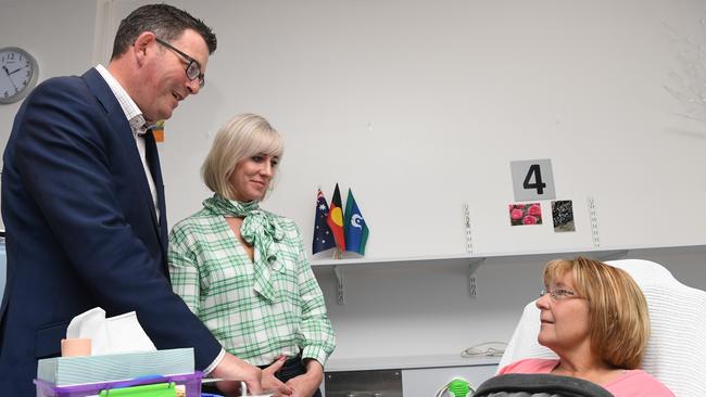 Victorian Premier Daniel Andrews and wife Catherine speak with a patient at Wangaratta Hospital in 2018. Picture: AAP