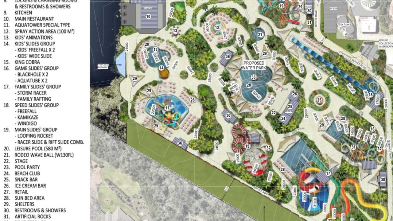 Aerial map and legend of the proposed water park by Aussie World. Photo: Aussie World