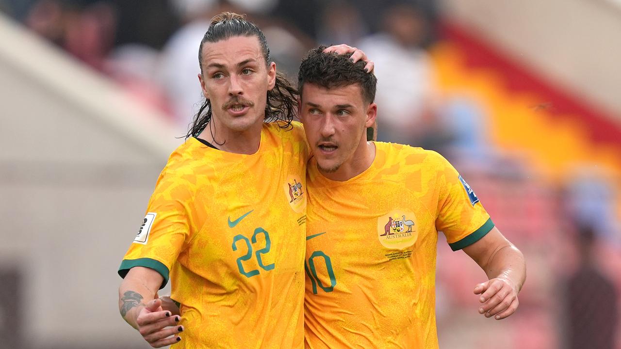 Ajdin Hrustic celebrates with Jackson Irvine after his goal. Photo by Thananuwat Srirasant/Getty Images