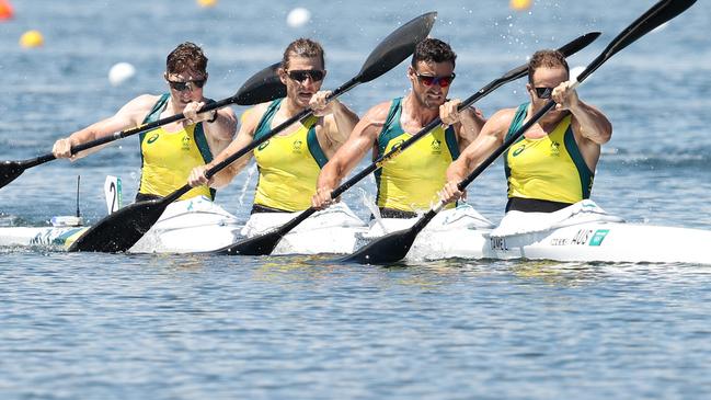 Lachlan Tame, Riley Fitzsimmons, Murray Stewart and Jordan Wood at the Tokyo Olympics. Fitzsimmons is the only member of the K4 still competing and will also race at Aussies.