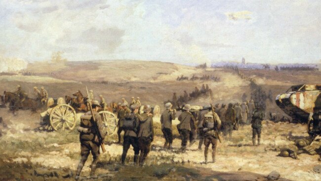 Breakthrough at last … a painting depicting The Battle of Amiens on August 8, 1918 by Australian war artist Will Longstaff. A column of German captives is being led to Amiens in the distance, while horse-drawn artillery advances.