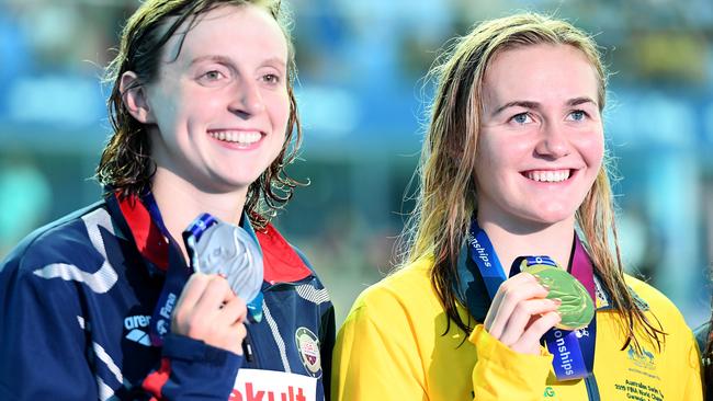 US star Katie Ledecky (left) with Australian arch-rival Ariarne Titmus after Titmus won gold and Ledecky silver in the 400m freestyle at last year’s world championships. Picture: Getty Images