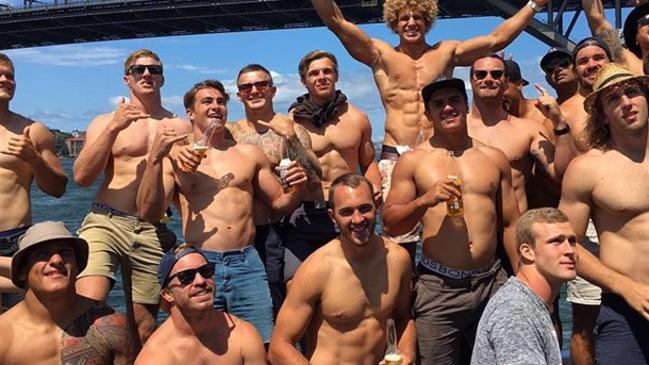 Roosters players at a boat party on Australia Day.