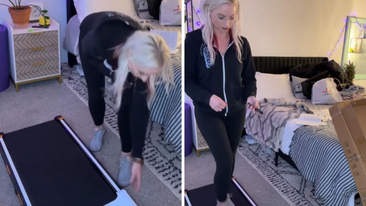 Influencer Heather Hoeppner is a big fan of the AIRHOT Under Desk Treadmill. Picture:YouTube/HeatherHoeppner90