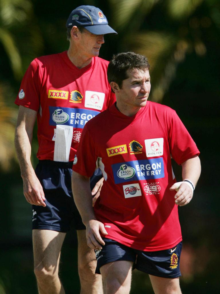 Wayne Bennett and Paul Green at the Broncos in 2004. Picture: David Kapernick