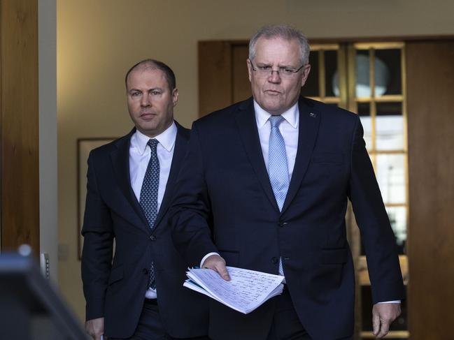 Prime Minister Scott Morrison with Treasurer Josh Frydenberg in Canberra. Picture: Gary Ramage