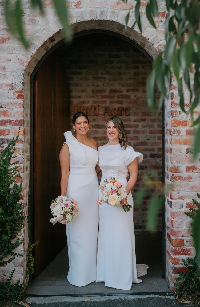 Eliza Gleadell and Sarah Walsh wed in February at Half Acre in South Melbourne. Picture: Corey Wright Photographer