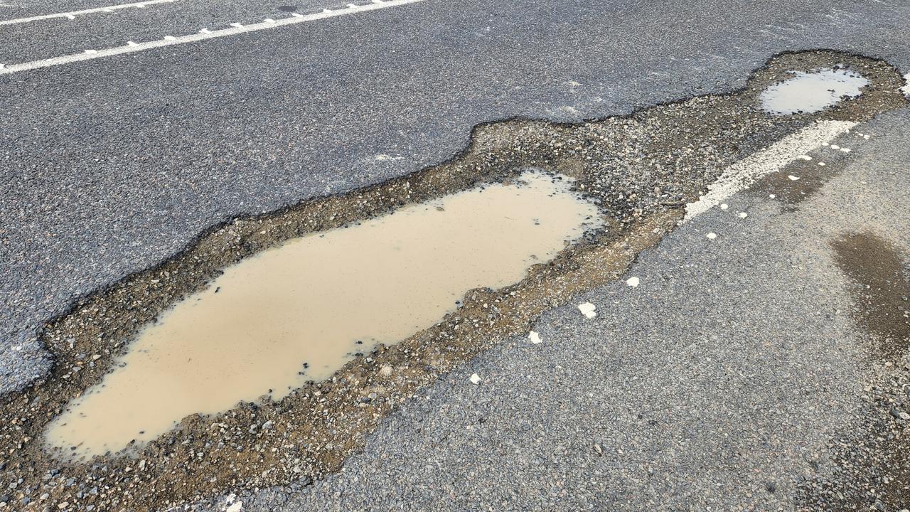 The potholes on the Bruce Highway near Bajool in Central Queensland on August 14. Photo Darryn Nufer.