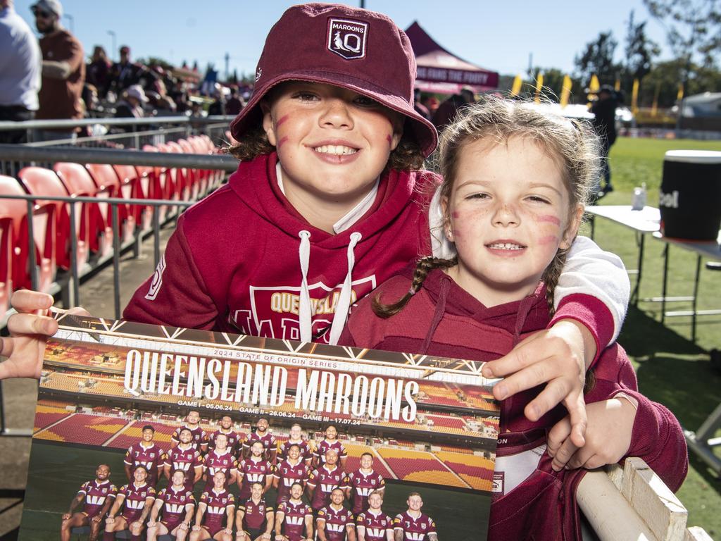 Billy and Sylvie Dwyer at the Queensland Maroons fan day at Toowoomba Sports Ground, Tuesday, June 18, 2024. Picture: Kevin Farmer