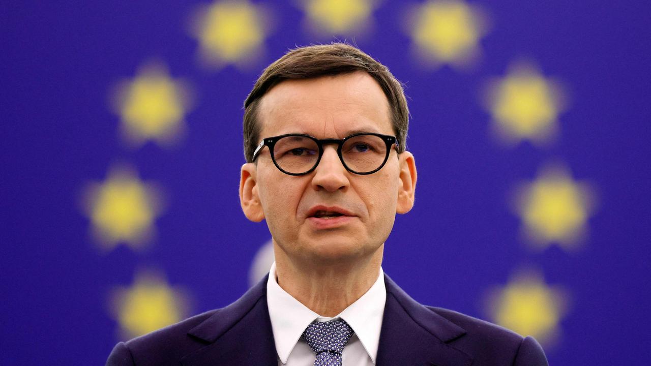 Polish Prime Minister Mateusz Morawiecki at the European parliament in Strasbourg, France, on October 19, 2021. (Photo by RONALD WITTEK / POOL / AFP)