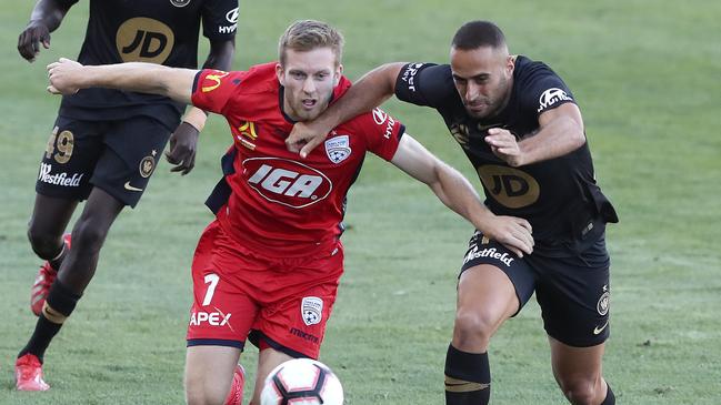 Tarek Elrich (right) may be eager to return to Adelaide United after struggling for game time at Western Sydney. Picture: Sarah Reed.