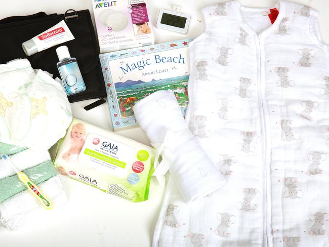 All babies born in NSW will be gifted a “lifesaving” hamper containing swaddles, nappies, books, and wipes similar to the ones pictured here.