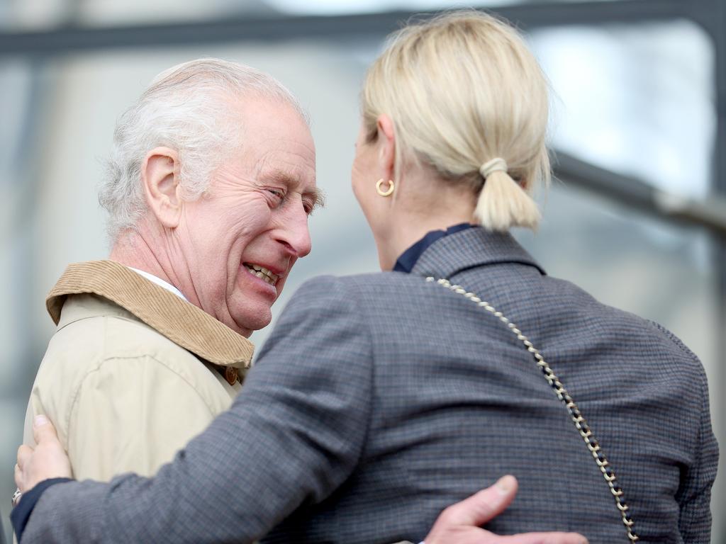 King Charles III and Zara Tindall hug as they greet each other at the Endurance event on day 3 of the Royal Windsor Horse Show at Windsor Castle. Picture: Chris Jackson/Getty Images