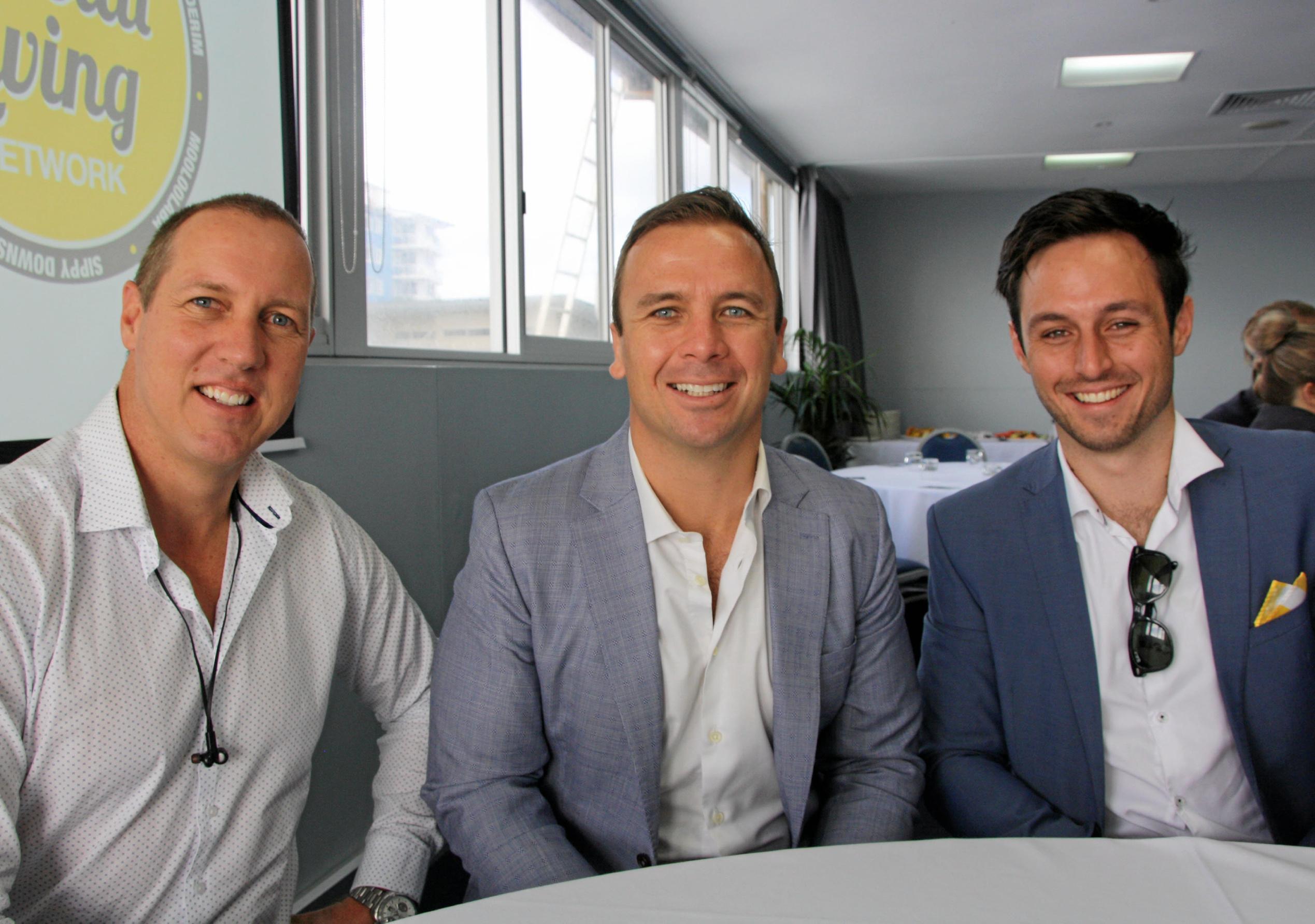 ?Deon Gordon, Dan Sowden and Niall Molloy at the Ray White breakfast at Maroochy Surf Club. Picture: Erle Levey