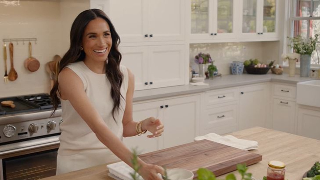 Meghan filming her new cooking show, with a very different kitchen. Picture: Netflix