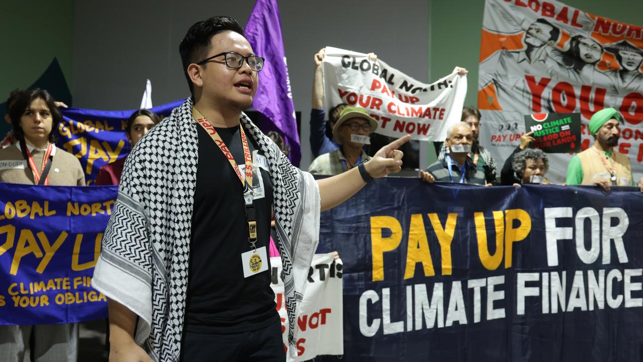 Activists demanding that rich countries pay up for climate finance for developing countries of the Global South protest on day eleven at the UNFCCC COP29 Climate Conference on November 22, 2024 in Baku, Azerbaijan. Picture: Sean Gallup/Getty Images