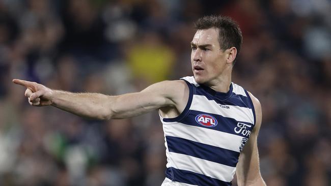 GEELONG, AUSTRALIA - MAY 10: Jeremy Cameron of the Cats celebrates a goal during the round nine AFL match between Geelong Cats and Port Adelaide Power at GMHBA Stadium, on May 10, 2024, in Geelong, Australia. (Photo by Darrian Traynor/Getty Images)