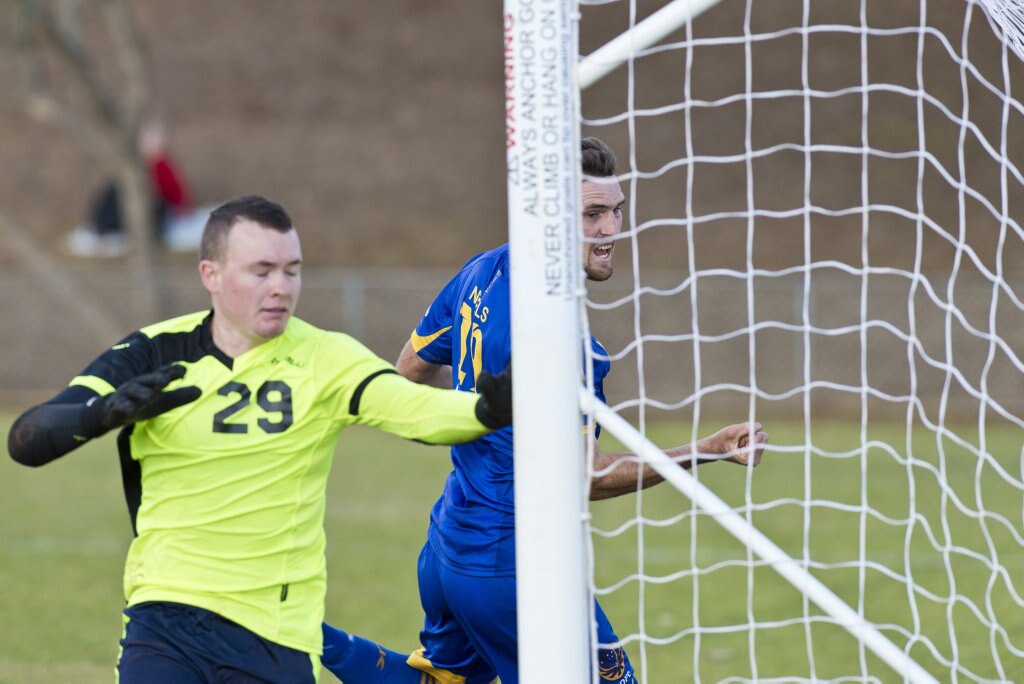 Tim Neels of USQ FC watches as the ball finds the back on the net for USQ against Willowburn in Toowoomba Football League Premier Men semi-final at Commonwealth Oval, Sunday, August 26, 2018. Picture: Kevin Farmer