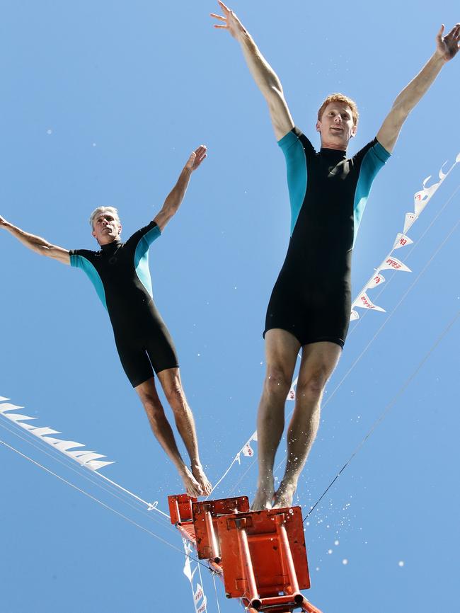 EKKA, Steve Black, 47, Surfers Paradise, 0405663011, & Liam Atkins, 21, Melbourne, warming up for their International Extreme High Diving Team show. RNA Showgrounds, Bowen Hills. Photographer: Liam Kidston.