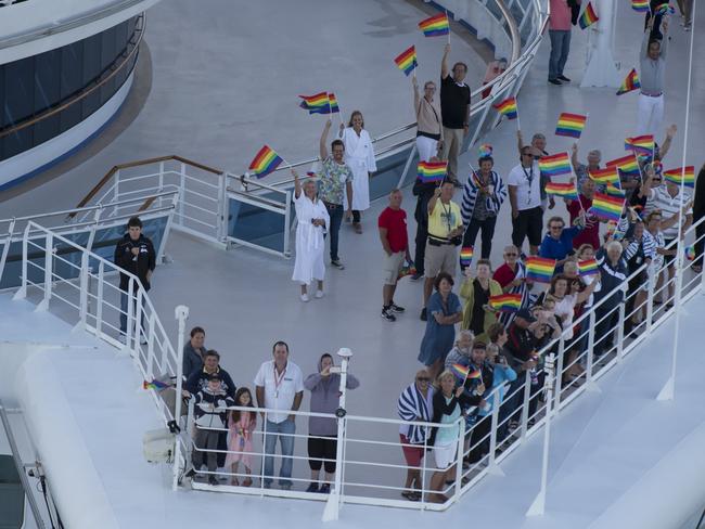 Cruising to change... Golden Princess passengers sailed into Sydney today in party mood. Picture: James Morgan