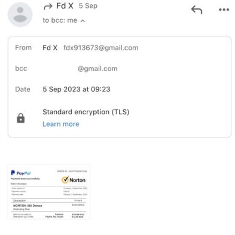 The new scam is sent via email claiming the victim has bought an expensive cyber safety solution. Picture: Supplied.