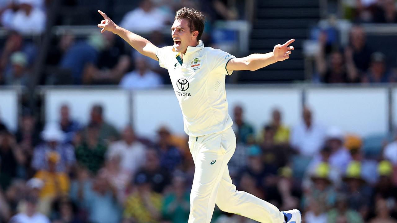 Australia's Pat Cummins dismisses Kirk McKenzie of the West Indies. Photo by Pat Hoelscher / AFP