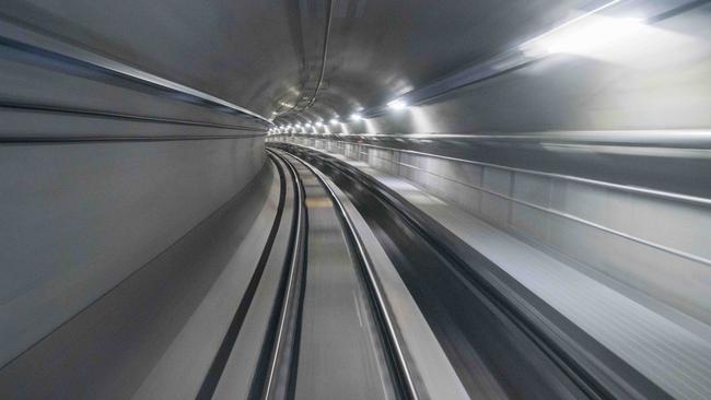 The view from the front of the driverless train along Sydney Metro Hills lines. Picture: AAP/Matthew Vasilescu