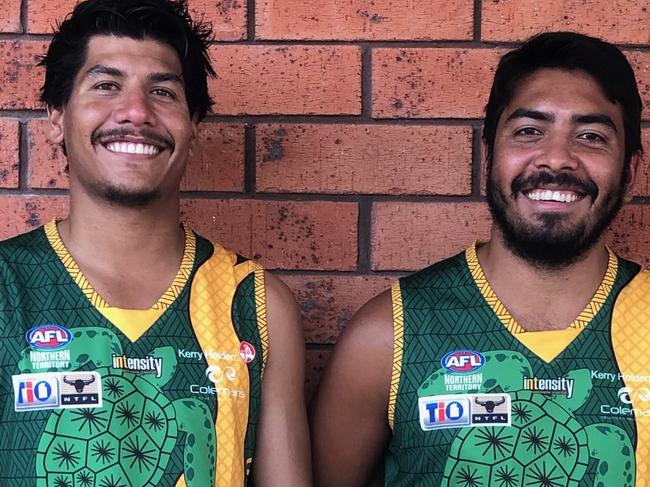 Ben and Shannon Rioli in their family's 1000-game jumper. Picture: St Marys Football Club