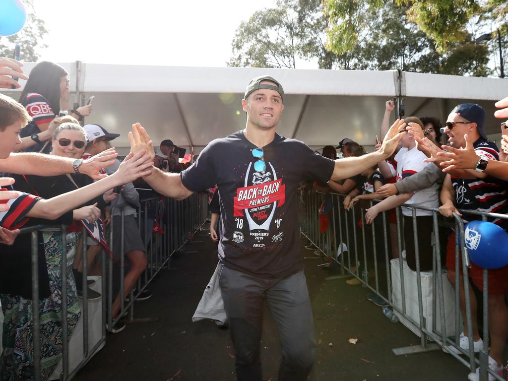 Cooper Cronk pictured at the Sydney Roosters fan morning at Moore Park after the Roosters win in the 2019 NRL Grand Final. Picture: Richard Dobson