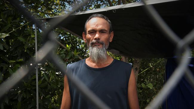 Homeless man Norman Walker is sleeping rough under a tarp beside Smiths Creek. Picture: Peter Carruthers