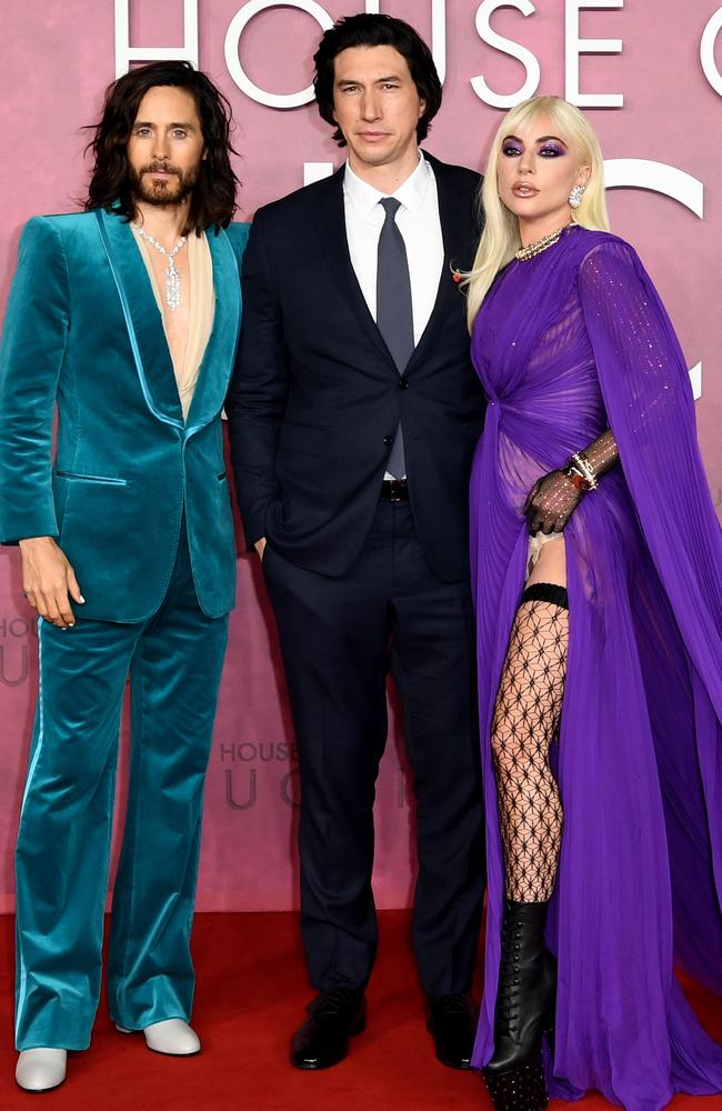 Leto, pictured with Adam Driver and Lady Gaga, plays Paolo Gucci in Ridley Scott’s upcoming film House of Gucci. Picture: Gareth Cattermole/Getty Images.