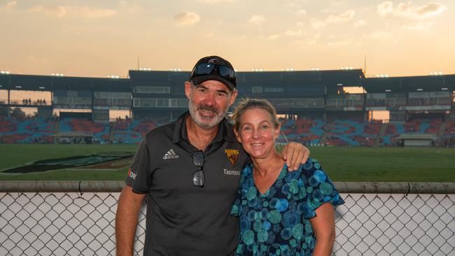 James Beattie and Michelle Beattie at the 2024 AFL match between Gold Coast Suns and North Melbourne at TIO Stadium. Picture: Pema Tamang Pakhrin