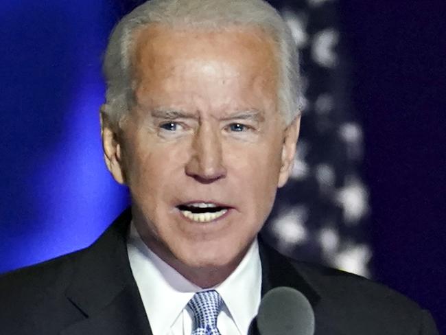 U.S. President-elect Joe Biden speaks while delivering an address to the nation during an election event in Wilmington, Delaware, U.S., on Saturday, Nov. 7, 2020. Biden defeated Donald Trump to become the 46th U.S. president, unseating the incumbent with a pledge to unify and mend a nation reeling from a worsening pandemic, faltering economy and deep political divisions. Photographer: Sarah Silbiger/Bloomberg via Getty Images