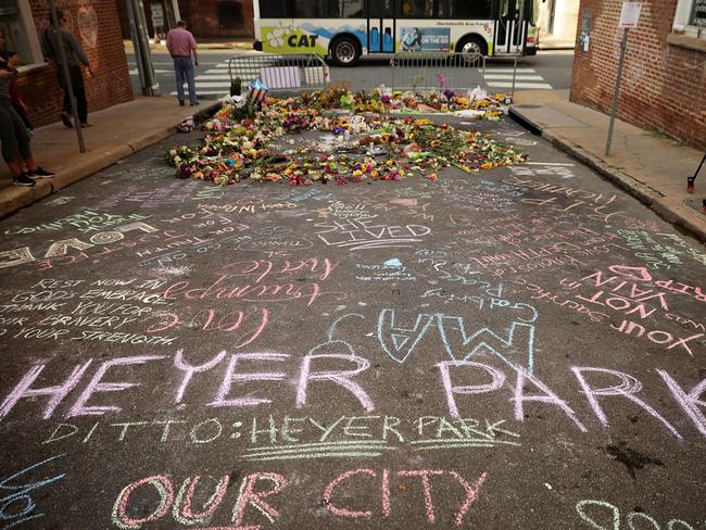 A chalk message calling for a park to be renamed after Heather Heyer, the victim of the Charlottesville attack. Picture: Chip Somodevilla/Getty Images/AFP