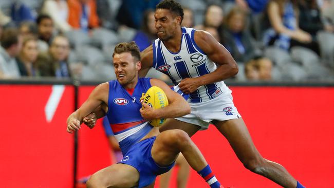 Hayden Crozier and Aiden Bonar clash during the pre-season. Picture: Michael Willson/AFL Photos via Getty Images