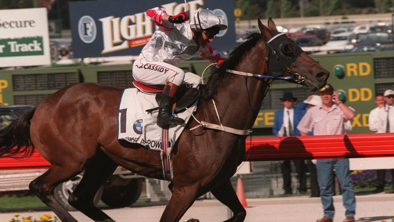 Might And Power ridden by jockey Jim Cassidy winning Cox Plate Race at Moonee Valley.