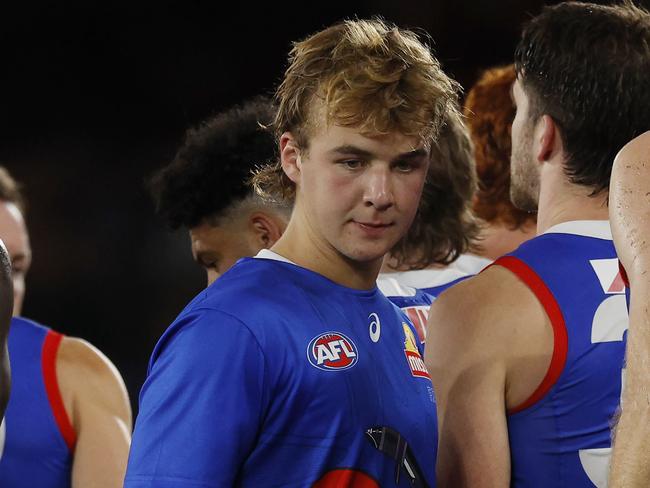 Bulldog Ryley Sanders at three quarter time after being subbed out during the third term . Picture: Michael Klein