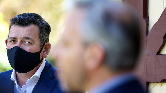 Victorian Premier Daniel Andrews looks on as Chief Health Officer Brett Sutton discusses the latest case numbers at the height of the Covid-19 pandemic. Picture: NCA NewsWire / Ian Currie