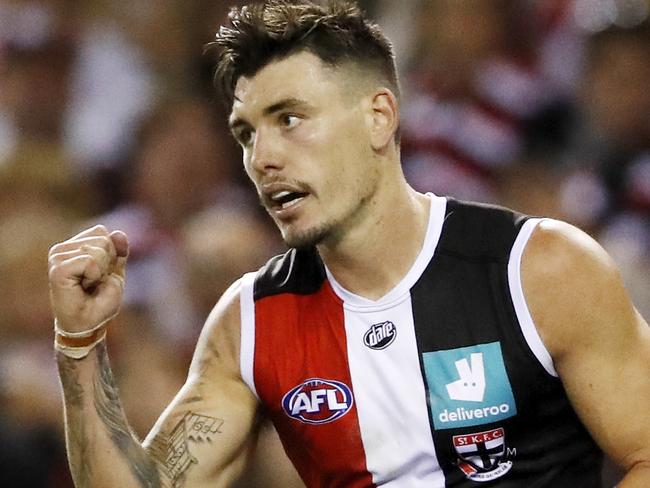 MELBOURNE, AUSTRALIA - MARCH 27: Josh Battle of the Saints celebrates a goal during the 2021 AFL Round 02 match between the St Kilda Saints and the Melbourne Demons at Marvel Stadium on March 27, 2021 in Melbourne, Australia. (Photo by Dylan Burns/AFL Photos via Getty Images)