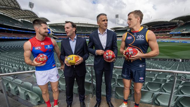 Alex Neal-Bullen of the Demons, AFL CEO Andrew Dillon, SA premier Peter Malinauskas and Jordan Dawson of the Crows helped launch this year’s Gather Round Media. (Photo by Mark Brake/AFL Photos/via Getty Images)