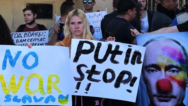 Russian citizens protest against Vladimir Putin in Mexico City. Picture: AFP