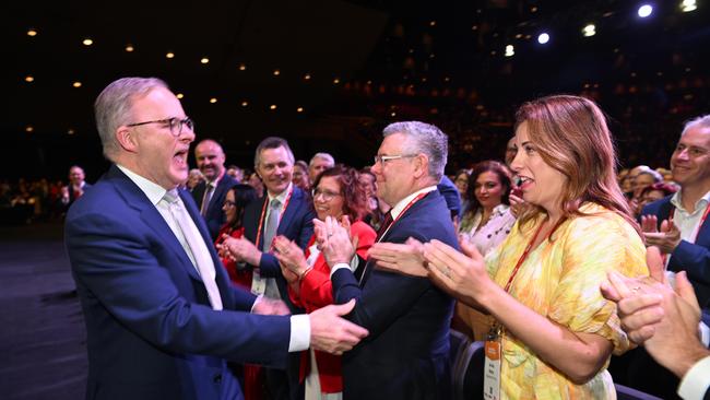 Standing ovation: The national conference crowd goes wild after another story about how the PM grew up in public housing. Picture: Dan Peled / NCA NewsWire